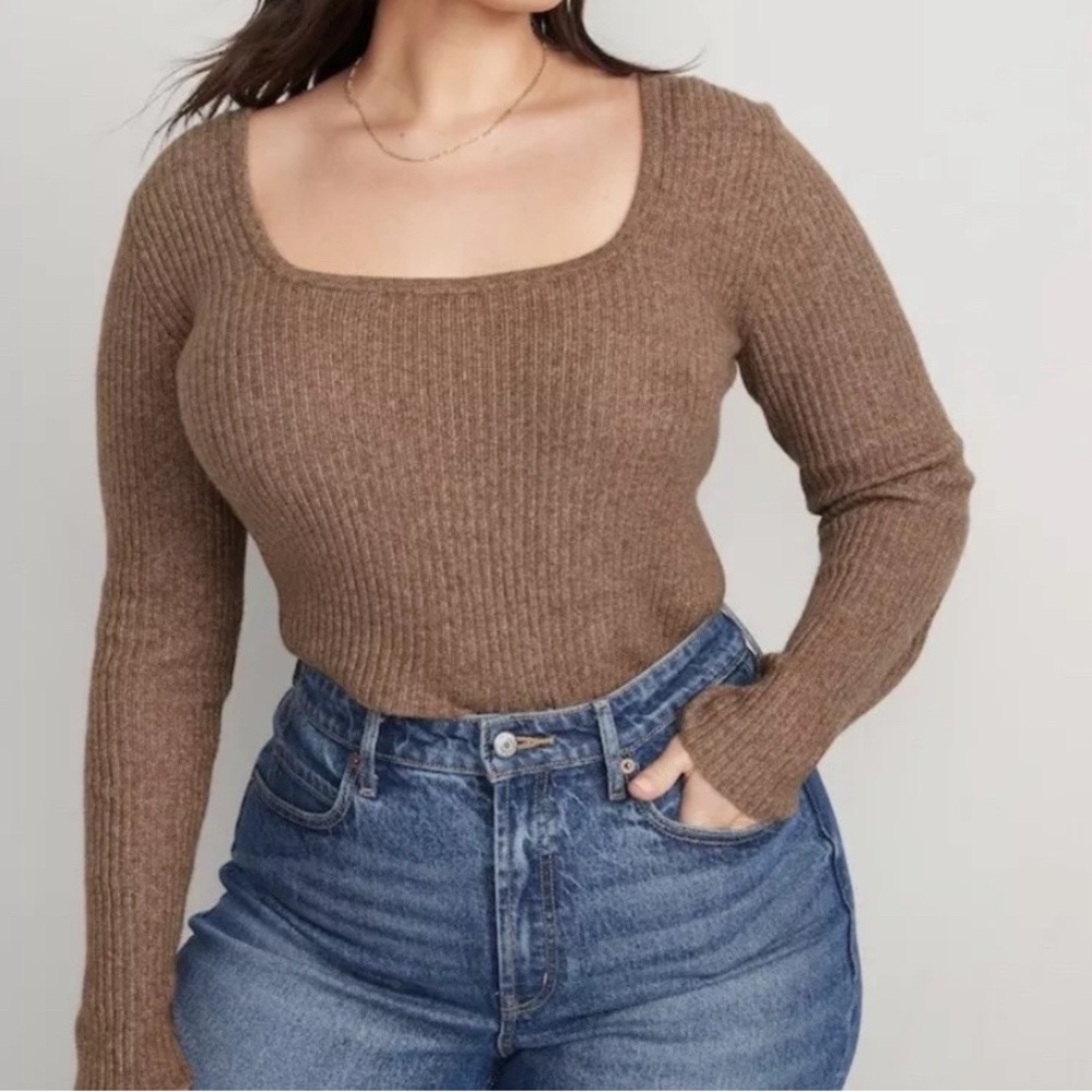 Old Navy XL Tan Ribbed Cropped Sweater Square Neck Minimalist Coquette
